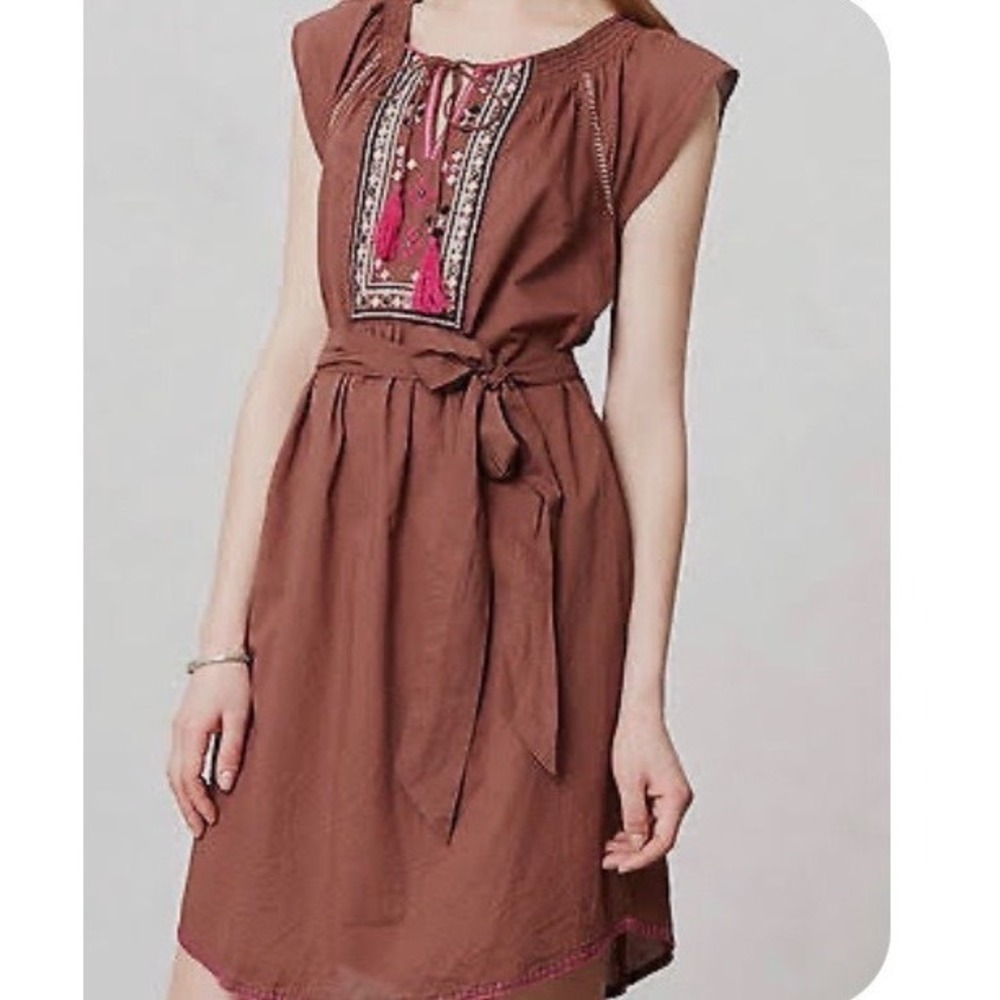 Maeve Anthropologie Brown Embroidered Cotton Mini Dress Sz 12 Tassel Belted Boho